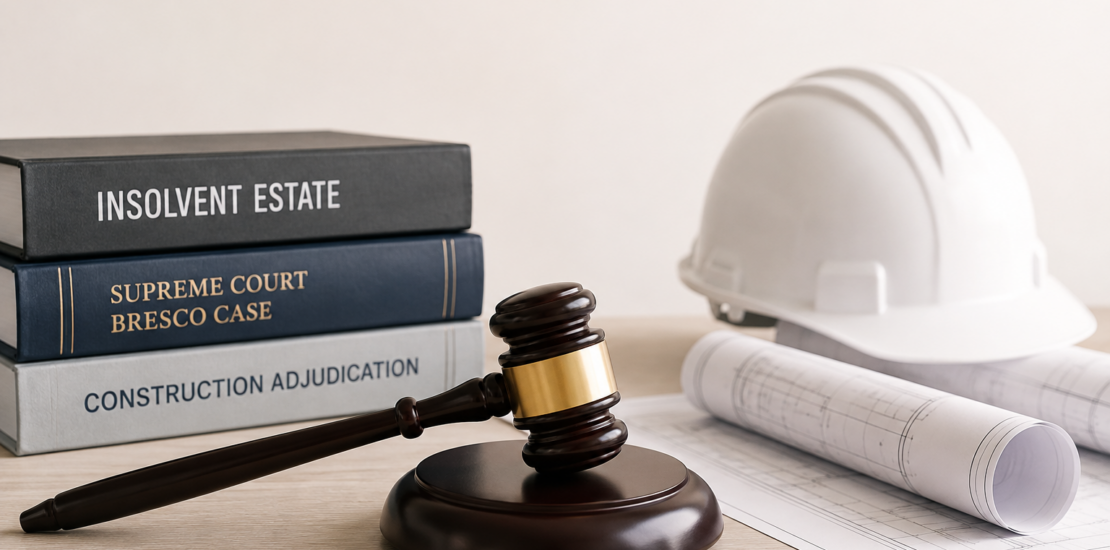 Construction adjudication for an insolvent company, represented by a legal gavel, construction plans and hard hat.